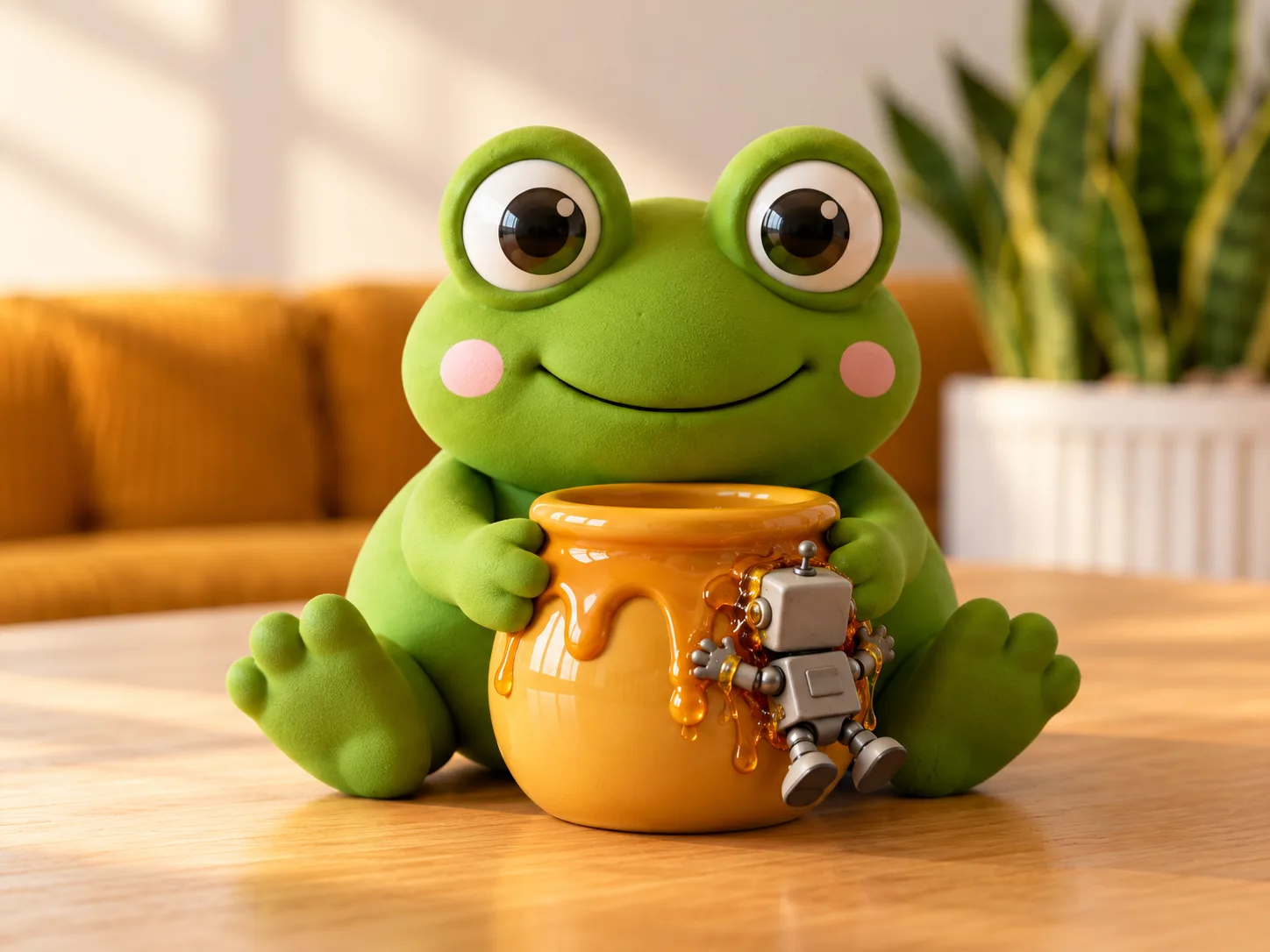 A tiny toy robot stuck in the honey on Pip's honey pot.