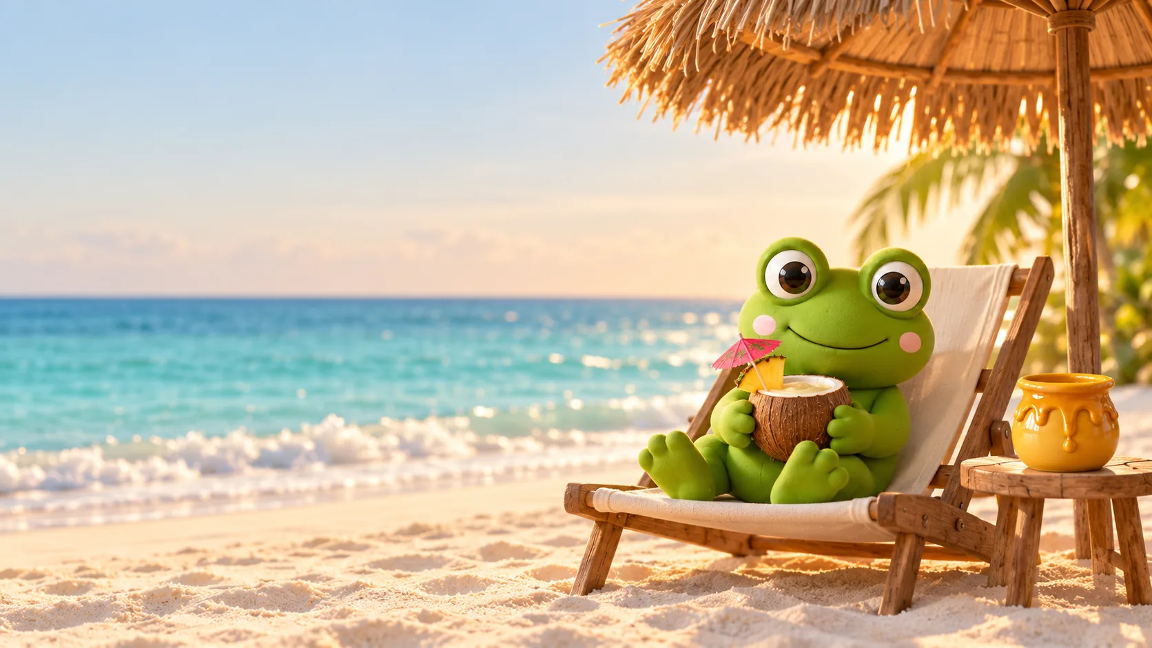 Pip the frog relaxing at the beach with a piña colada.