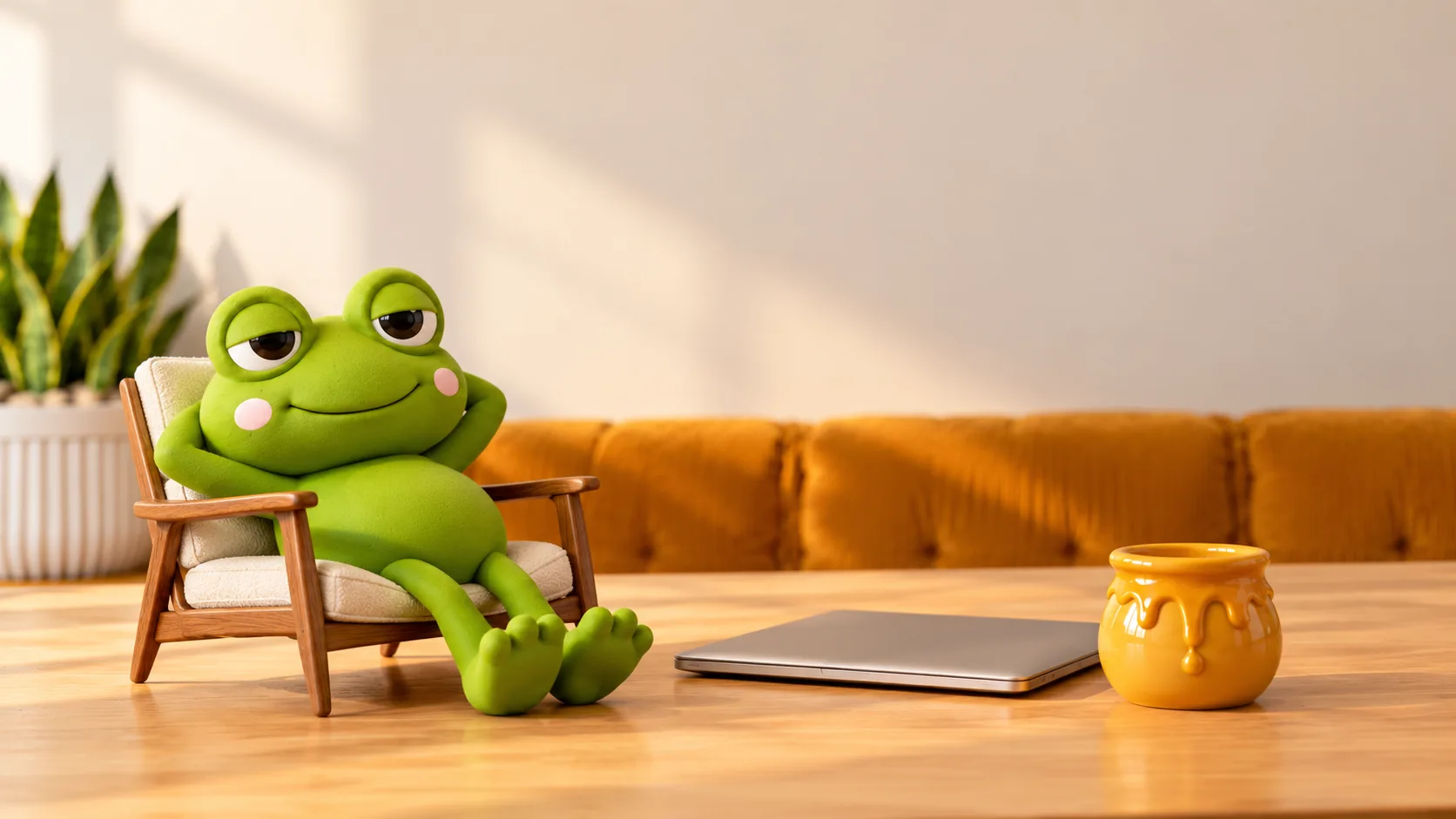 Pip the frog leaning back in his chair, relaxed.